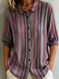 2026 New European Women Color <b>Block</b> Striped Shirt Lapel Single Breasted Half Sleeve Fashion Ladies Blouse Top - Product Image 2
