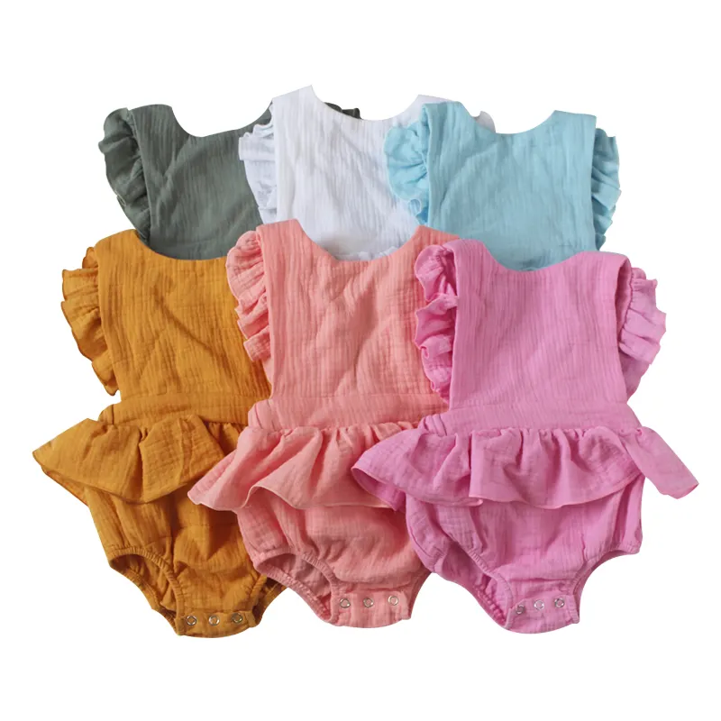 Wholesale Fashion Baby Girl Clothing Solid Ruffle Frill Jumpsuit Sleeveless Newborn Backless Romper