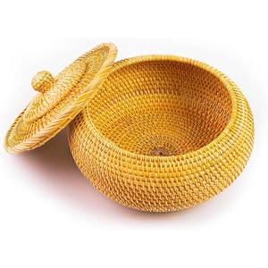 Cesta de Almacenamiento Redonda con Tapa, Tejida a Mano, de Ratán Premium, a Prueba de Polvo y Humedad, para Refrigerios, Bolsitas de Té, Cosméticos, Hogar y Oficina - Product Image 1