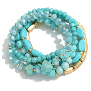 Wofish Turquoise crystal beads flat engraved Leopard faceted Wooden spacers Four layers Bracelets Set