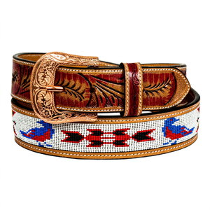 2026 New Fashionable <b>Vintage</b> Ethnic Floral Beaded Full Grain Leather <b>Belt</b> With Copper Western Buckle Casual Unisex Designer <b>Belt</b> - Product Image 1