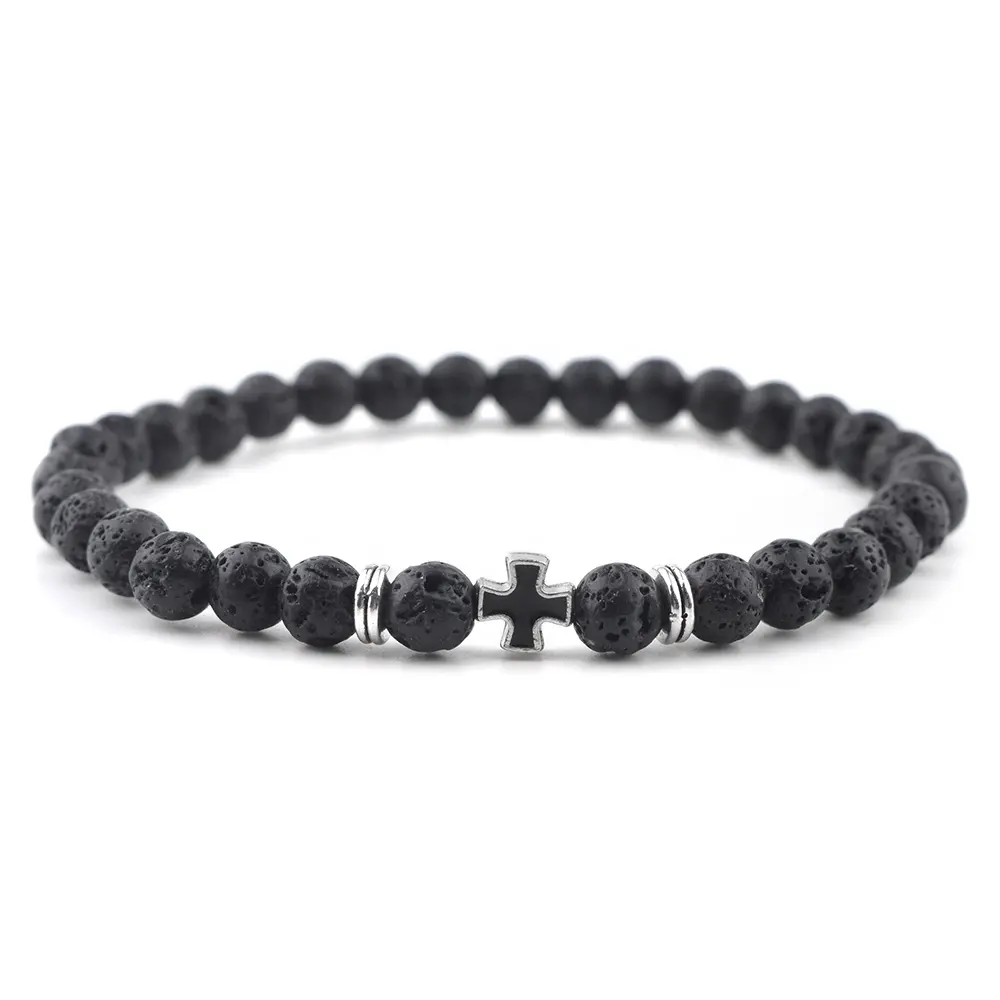 Pulseira de presente religioso para homens e mulheres, bracelete com pedras de lava elástica personalizada