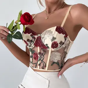 Hot women's vintage lace mesh flower embroidery underwire fishbone casual cut vest top