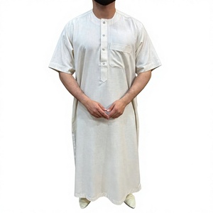 <b>Men's</b> Gray Cotton <b>Thobe</b> Short Sleeve Round Neck Embroidered Ethnic Regular Fit Breathable Floor Length Daily Wear Islam Style - Product Image 2