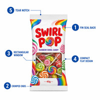 Bolsas de Plástico de Grado Alimenticio con Cierre de Cremallera y Ventana, Tipo Pillow Pouch, para Piruletas Rainbow Swirl, Embalaje Individual para Chicles Duros