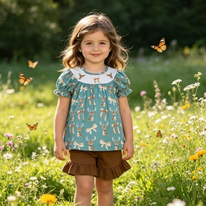 ชุดเซ็ตเสื้อผ้าเด็กผู้หญิงลายกวางน้อยน่ารัก สีฟ้าอมเขียว สำหรับฤดูร้อน รุ่น GSSO3212 rts ขายส่งเสื้อแขนสั้นและกางเกงขาสั้นสำหรับเด็กผู้หญิง - Product Image 1