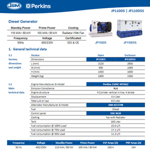 ディーゼルエンジン1104C-44TAG2を動力源とするJP110D5/kins 100kvaディーゼル発電機3相400V低燃料消費量工場用 - Product Image 6
