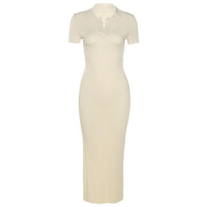 Abito Lungo Casual da Donna Enyami Streetwear, Aderente con Schiena Scoperta e Lacci, Lavorazione a Maglia, Colore Beige - Product Image 4