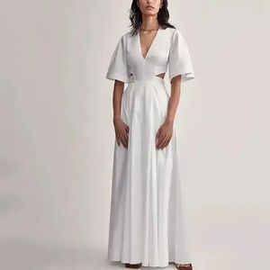 Fabricants 2023 Vêtements d'été unis pour femmes Col V Afficher la taille dans le dos Pure Short Sleeve Maxi Pleated Elegant Gentle Women Dress - Product Image 2
