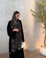 Abaya ouverte à imprimé floral noir de luxe sur mesure en gros à Dubaï pour femmes, ensemble hijab en mousseline, robe musulmane