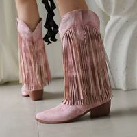 Bottes de cowboy confortables en PU pour femmes, mi-mollet, talon haut, bout pointu, brodées, semelle extérieure en caoutchouc épais, hiver/automne