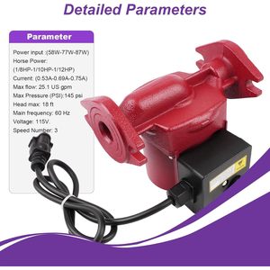 Pompe de circulation Zelven 1/12Hp 115V 60Hz en acier inoxydable avec raccord à bride, pompe à eau à trois vitesses - Product Image 1