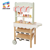 Chariot à glaces en bois avec sucettes glacées, cornets et pâtisseries factices, chariot à desserts roulant pour jeu d'imitation pour enfants W10A273