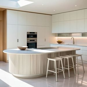 Australian Standard Vivid White <strong>Kitchen</strong> Cabinet Island Dinning Bar with Battened Claddings - Product Image 2