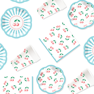 DAMAI Nuevo Juego de Vajilla Desechable con Diseño Personalizado de Frutas, Platos, Vasos y Servilletas de Papel Azules con Temática de Cereza - Product Image 4