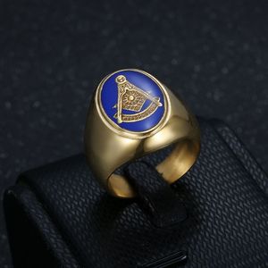 Freemason Men's <b>Ring</b> Gold Plated Blue Resin Geometric Design Bezel Setting Jewelry Gift For Him - Product Image 1