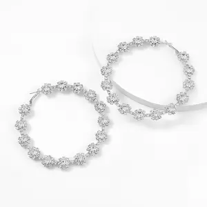 HOVANCI New Design 5 Sparkling Crystal Rhinestone Flower Clip On Earrings Big Circle Flower Hoop Earrings For Women 2021