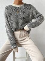 Pull rayé à col rond pour femme, pull en tricot composite chaud et côtelé à manches longues
