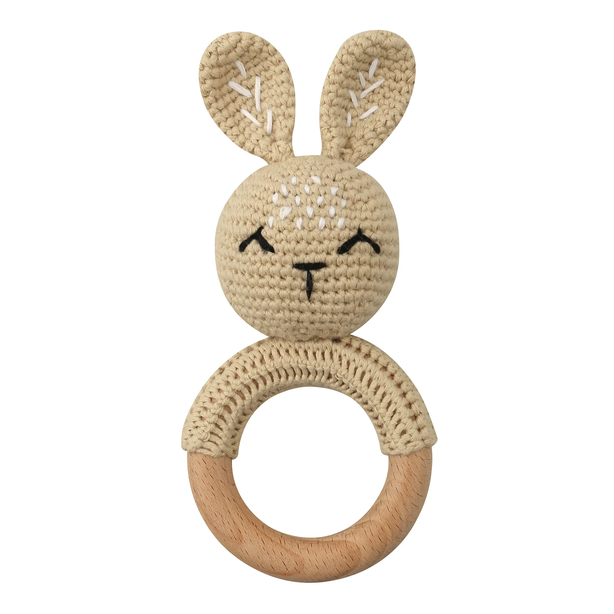 Popular Baby Cotton Beech Wood Cute Bunny Soft Teething Rattle Toy Toddler Crochet Teether Chewing Toys