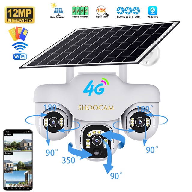 ShooCam V380 Pro 3Lens 12MP 4g Solar Surveillance Camera Outdoor PTZ Auto Track Wifi Wireless IP Network CCTV Security Cameras