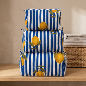 Floral Printed Blue White Lemon Eco-Friendly 3-Piece Cosmetic <b>Bag</b> Set Zipper Closure Portable Makeup Pouches Large Medium <b>Small</b> - Product Image 3