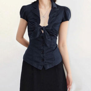 Chemise à manches courtes rétro à nœud papillon et à lacets, cintrée à la taille, style royal, polyvalente, amincissante - Product Image 3