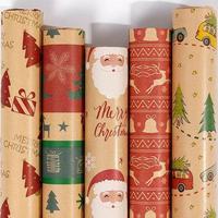 Ensemble de papier cadeau de Noël écologique 70x50cm en kraft recyclé enduit d'amidon, 10 étiquettes, 10m de ficelle, 6 motifs vintage