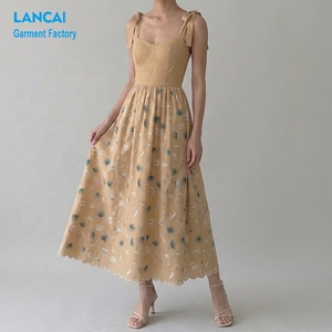 Fleur <span class=keywords><strong>bohème</strong></span> taille haute fleur imprimer sans manches hors de la taille brodé noeud papillon sangle vacances Style Midi <span class=keywords><strong>longue</strong></span> <span class=keywords><strong>robe</strong></span> - Product Image 1