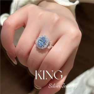 Anillo de Plata de Ley S925 Ocean Blue Beauty con Forma de Flor y Engaste Pavé, Joyería de Moda para Mujer, Regalo - Product Image 3