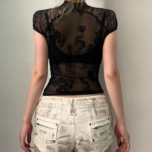 Dark Gothic Punk Style Dragon Print Lace Knitted Mesh Sheer Summer Breathable Chinese <b>Stand</b> Collar Women's Short Sleeve T-Shirt - Product Image 5