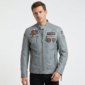 Chaqueta de cuero auténtico gris para hombre, estilo motero, con parches, bordado, insignias personalizadas, abrigo de invierno ajustado de piel de vaca - Product Image 1