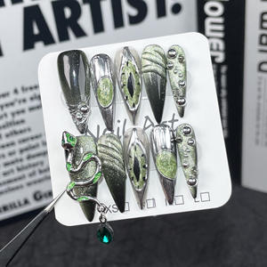 <span class=keywords><strong>Uñas</strong></span> Postizas Francesas de Alta Calidad con Diseño Oscuro de Slytherin, Estilo Punk Metálico, Ojo Turco, Puntas Largas - Product Image 3