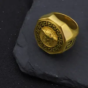 Customized European American Hip-hop Style Ancient Greek Mythology Gold-plated Stainless Steel Medusa Rings Vintage Men Jewelry