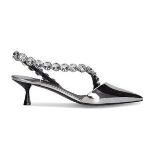 Summer Wide Fit Rhinestones Shoes Large Size 46 Low Heels Dress Pumps Women Silver Patent Slingback Sandals - Product Image 5