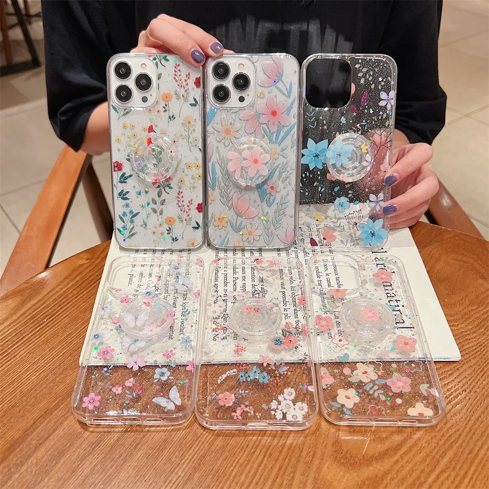 Floral phone case with holder transparent hot selling flower cell phone case for iphone 14 13 12 mini 11 pro max