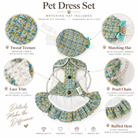 Robe de luxe en tweed pour animaux de compagnie avec chapeau assorti, robe pour chien à volants en dentelle perlée pour petits chiens, tenue de mode pour animaux de compagnie
