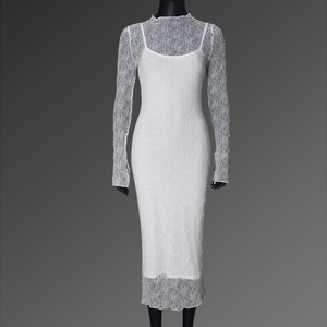 ชุดเดรสลูกไม้ซ้อนทับ 2 ชิ้นสำหรับผู้หญิง ชุดเดรสเนื้อผ้ามีเท็กซ์เจอร์พร้อมเสื้อแขนยาวผ้าซีทรู แฟชั่น - Product Image 6