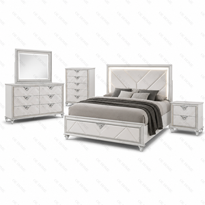 Modern White Gold Trim Bedroom Set <b>Queen</b> <b>Size</b> <b>Bed</b> Dresser Mirror Nightstand Storage Furniture - Product Image 3