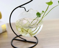 Vase à fleurs en verre suspendu au design moderne Support pour plantes hydroponiques avec support en métal géométrique Support à fleurs en verre de cristal