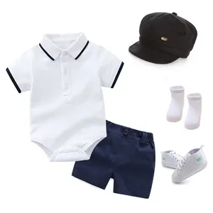 כותנה קיץ ילד תורו למטה צווארון Romper סרבל + כובע + נעליים + מכנסיים פעוטות תלבושות בגדי יילוד תינוק ילד סט