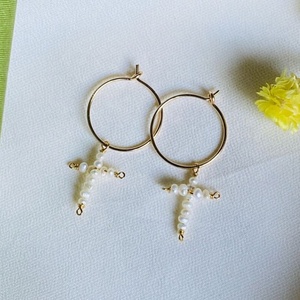 Freshwater Pearls Beaded Cross Earrings 18k Gold Plated Hoop Earrings Waterproof <b>Unique</b> Design Handmade Jewelry <b>for</b> <b>Her</b> <b>Gifts</b> - Product Image 1