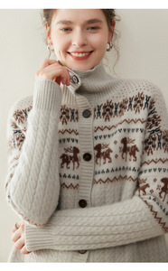 Cardigan en cachemire pour femme, collection hiver, vente en gros, usine, mélange de laine jacquard, manteau tricoté, fermeture éclair, col montant épais, pull en cachemire - Product Image 3