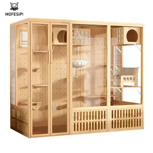 Luxury 4 Seasons Pet House Pine Pet Bed Glass Pet Room Panoramic Extran Large Space Villa Isolation Room Cat Activity Center