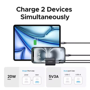 UGREEN Cargador Mini GaN de <span class=keywords><strong>20W</strong></span> con Doble Puerto <span class=keywords><strong>USB</strong></span> <span class=keywords><strong>C</strong></span> para Teléfono Carga Rápida Adaptador de Corriente con Control de Temperatura para iPhone Samsung - Product Image 5