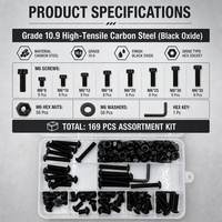 169PCS M6 Set Sekrup Kepala Tombol Hex Socket Cap, Mur, dan Washer, Kit Aneka Ukuran, Baja Karbon Grade 10.9, Lapisan Oksida Hitam, Set Baut Metrik