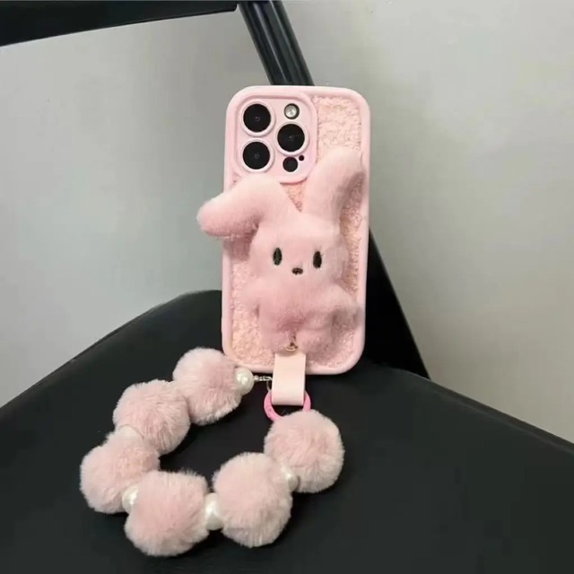 Autumn and Winter  pink Foldable-eared Rabbit Phone case with pink Wrist Strap, Suitable for IPhone17,16,15,14,13,12Pro Max