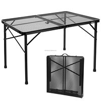 Table de camping portable d'extérieur 4,4 pieds, pliable, avec grill, 2 ailes réglables en hauteur, plateau en maille métallique noire, sac de pique-nique