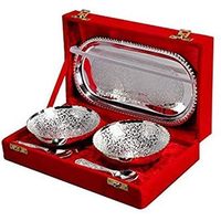 Parijat Handwerk Koninklijke Gravure Ontwerp Set Van 5 Stuks Messing Kom Schotel Lade Lepel Indian Decoratieve Geschenk Verpakt Doos