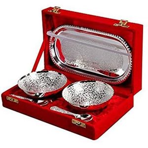 PARIJAT HANDICRAFT Royal Engraving Design Set of 5 Pcs Brass Bowl Platter Tray Spoon Indian Decorative Gift Packed <b>Box</b> - Product Image 2