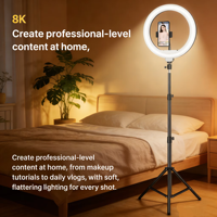 Trépied portable professionnel en alliage avec anneau lumineux intégré, support de téléphone LED de bureau à intensité réglable pour vlogging et réunions Zoom, télécommande incluse
